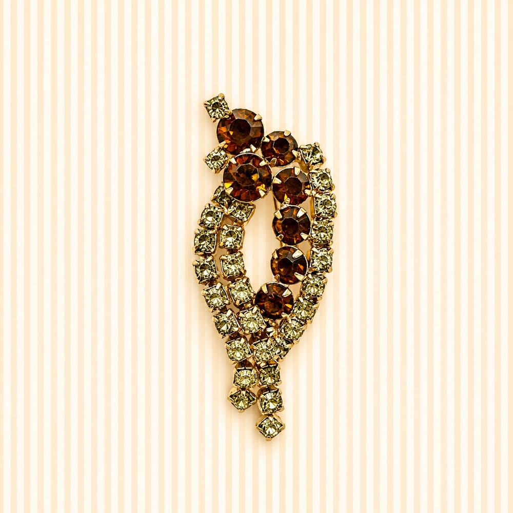 Vintage Amber Rhinestone Brooch Gold Tone Crystal Swirl Statement Pin CP275